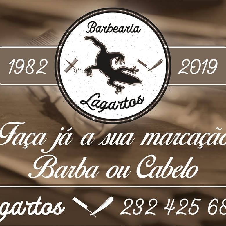 Emblema da Barbearia Lagartos: um lagarto entre uma tesoura e uma navalha, com as datas 1982 e 2019